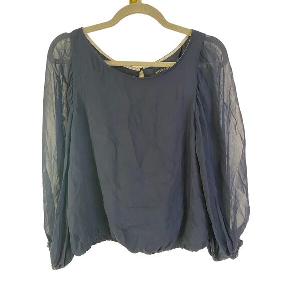 Alice + Olivia 100% Silk Sheer Blouson Sleeves Blouse Navy Blue Size MEDIUM - Picture 1 of 7